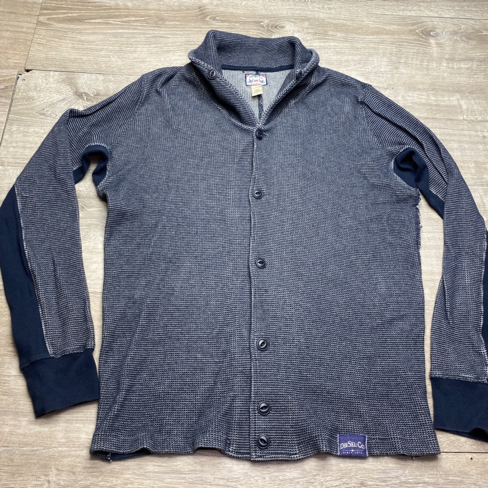 Diesel Co Mens Medium Blue Cotton Waffle‎ Knit Button Up Cardigan Sweater